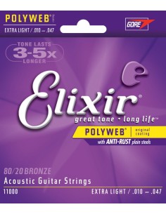 Elixir Acoustic Guitar Strings (11000) Polyweb Extra Light 010/047B (Complete Set)
