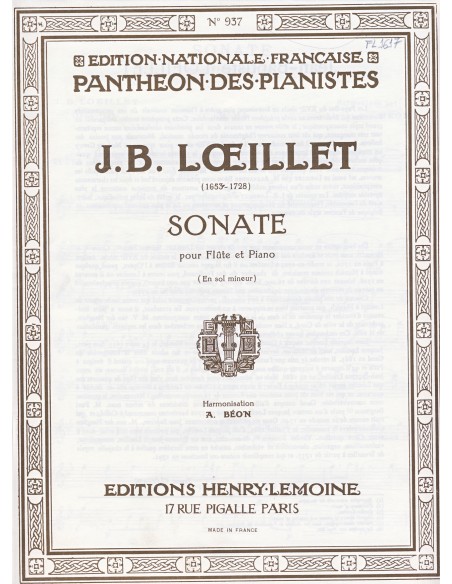 LOEILLET J.B.-Sonata in G minor for Flute and Piano (Beon)