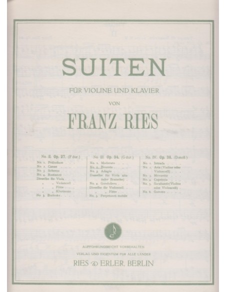 RIES F.-Bourree No. 2 from Suite No. 3 Op.34 for Violin and Piano