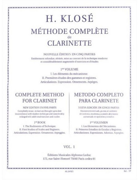 KLOSE H.E.-Méthode Complète de Clarinette Volume 1