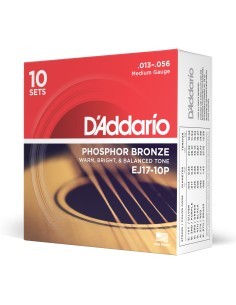 D'Addario EJ17-10P Phosphor Bronze Acoustic Guitar Medium 13-56 Acoustic Guitar Strings (10 Sets)